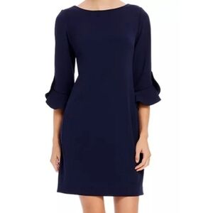 KARL LAGERFELD Women's Crepe Dress Size 10 Petite Navy Tulip Bell Sleeve